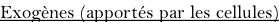 Exogènes (apportés par les cellules)